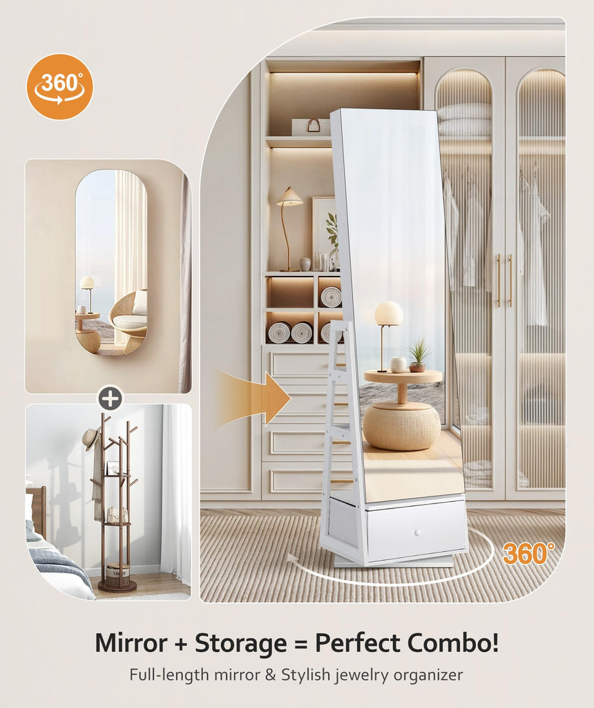 360° Swivel Jewelry Cabinet, Full Length Mirror, Lockable