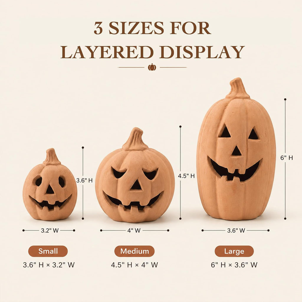Mini Terracotta Pumpkin Halloween Decor, 6 in Max - Set of 3
