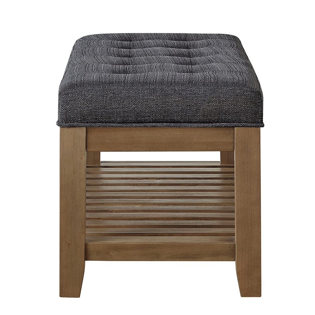 Large Rectangular Upholstered Tufted Linen Fabric Ottoman Bench, Padded Bench with Solid Wood Shelf-Charcoal