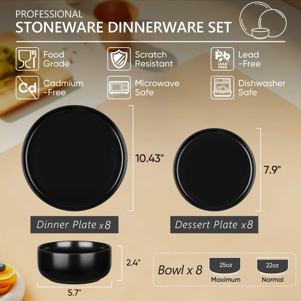 24 Pieces Stoneware Dinnerware Set Service for 8, Matte Black