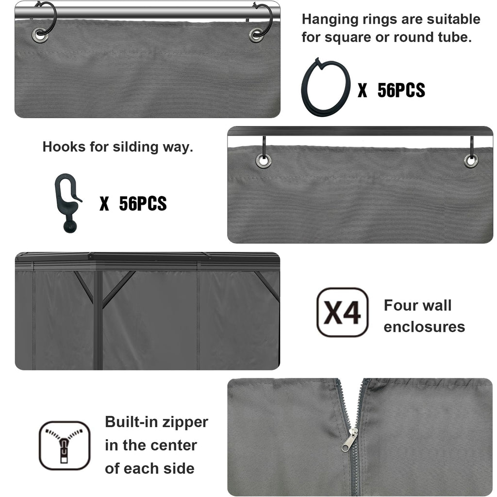 10'x12' Privacy Gazebo Curtains Outdoor Waterproof, 4-Panels Sidewall Curtain Universal Replacement with Zipper