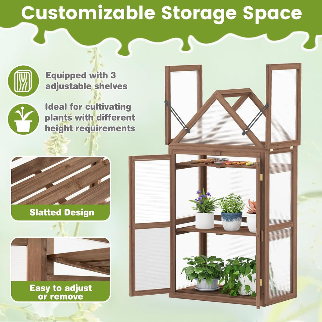 Garden Cold Frame, Mini Greenhouse Storage Shelves w/ Transparent Flip-Top Roof & 3 Adjustable Shelves, Indoor &