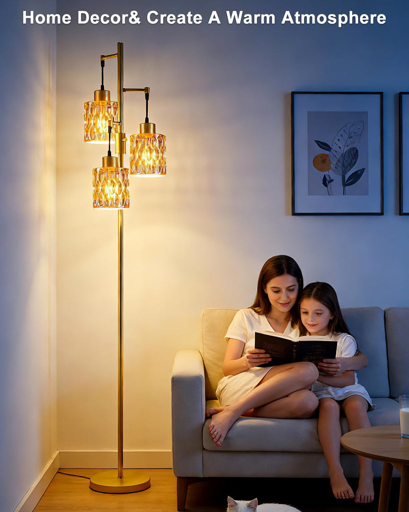 Glass Floor Lamp 3-Light Modern Gold Tall Lamp with Amber Cylinder Shade