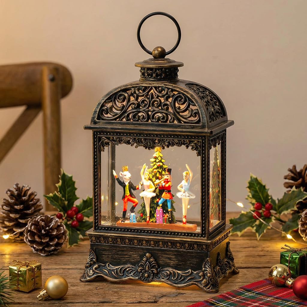 Christmas Snow Globe Lantern with Nutcracker Battles The Mouse King,Lighted Swirling Glittering Snow Globes