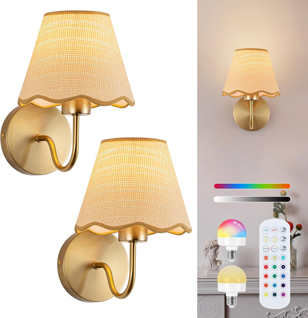 Battery Operated Wall Sconce Set of 2, Gold Wall Lamps Rechargeable Bulbs for Living Room, Rattan Shade Wireless Wall