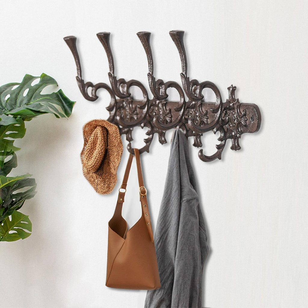 Vintage Cast Iron Wall Hook Rack - Ornate 4-Hooks Coat and Hat Organizer - Heavy Duty Decorative Hanger , or Mudroom