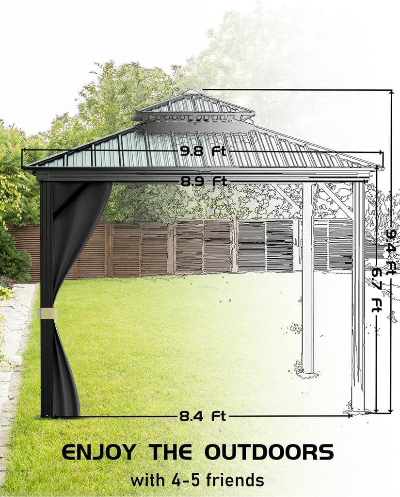 10x10 Ft Hardtop Gazebos with Heavy Duty Double Roof, Nettings and Curtains Galvanized Steel Outdoor Gazebos