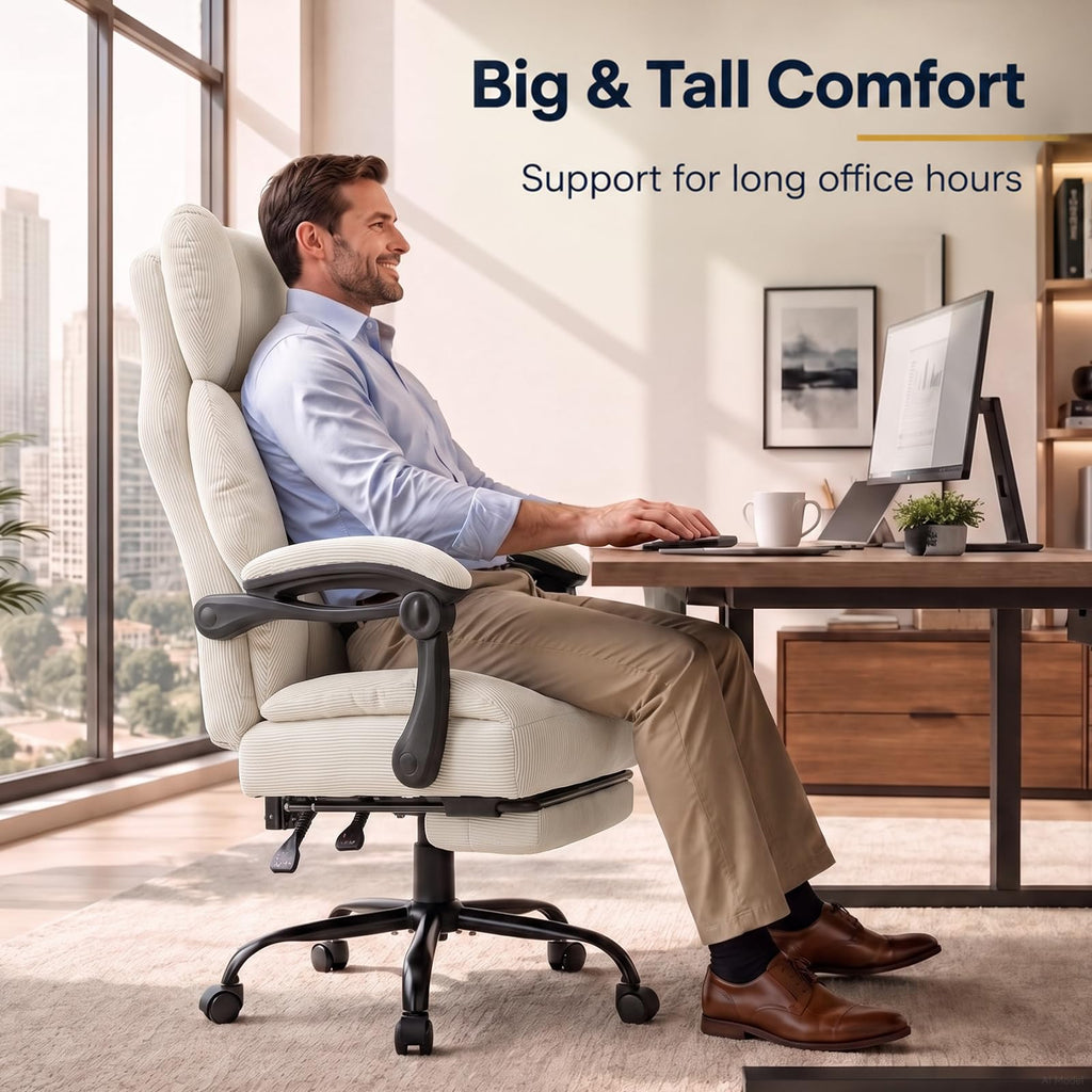 Big&Tall Ergonomic Gaming Chair, Wide Spring Seat, Linkage Armrest, White