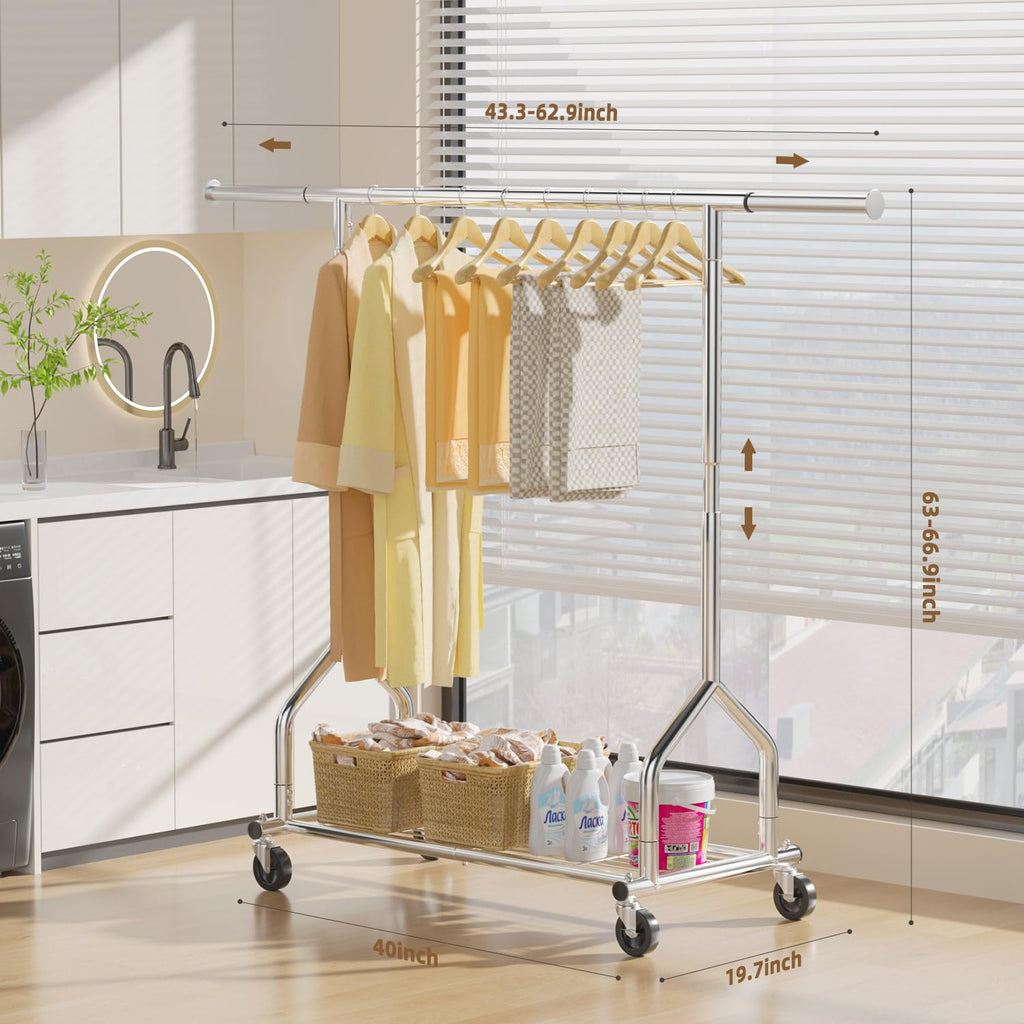 Heavy Duty Clothes Rack Load 424 LBS, Rolling Clothing Rack With Shelves, Adjustable Clothes Hanger with Wheels