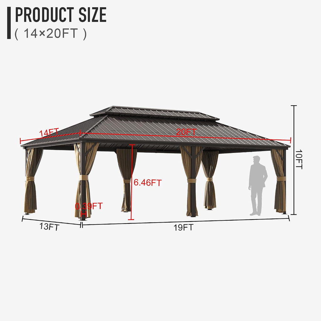 14×20 ft Outdoor Gazebo with Double-Layered Galvanized Steel roof, Hard-top Canopy Featuring Curtains and mesh Panels