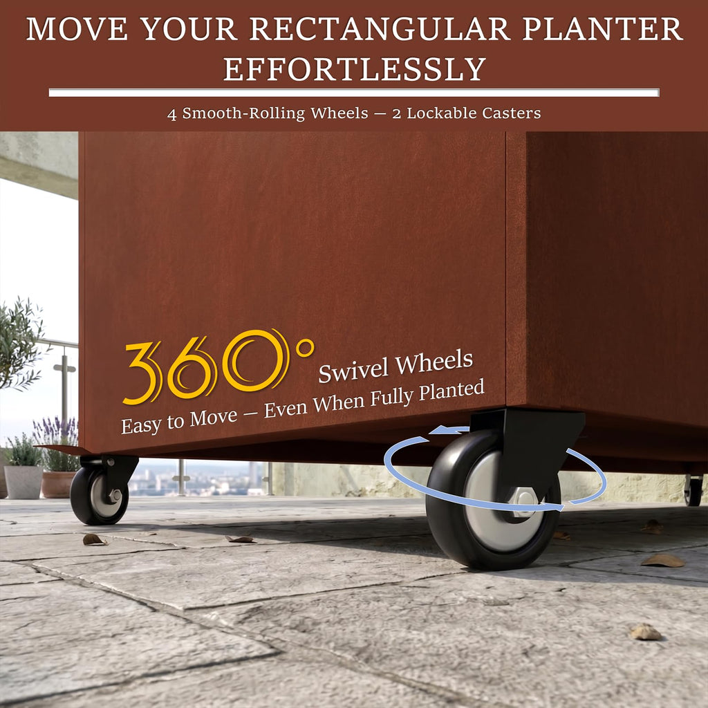 36" L x 12" W x 27" H Corten Steel Planter Box with Wheels