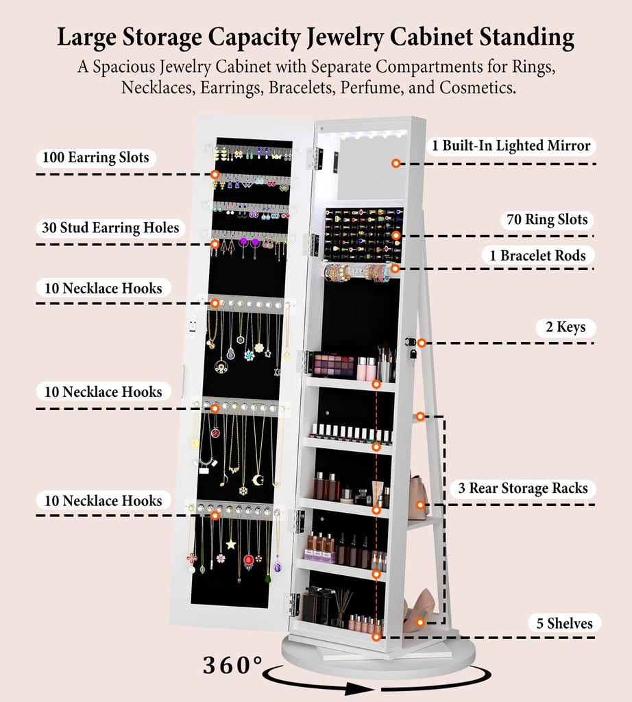 LED Jewelry Cabinet Standing with Frameless Full-Length Mirror, White