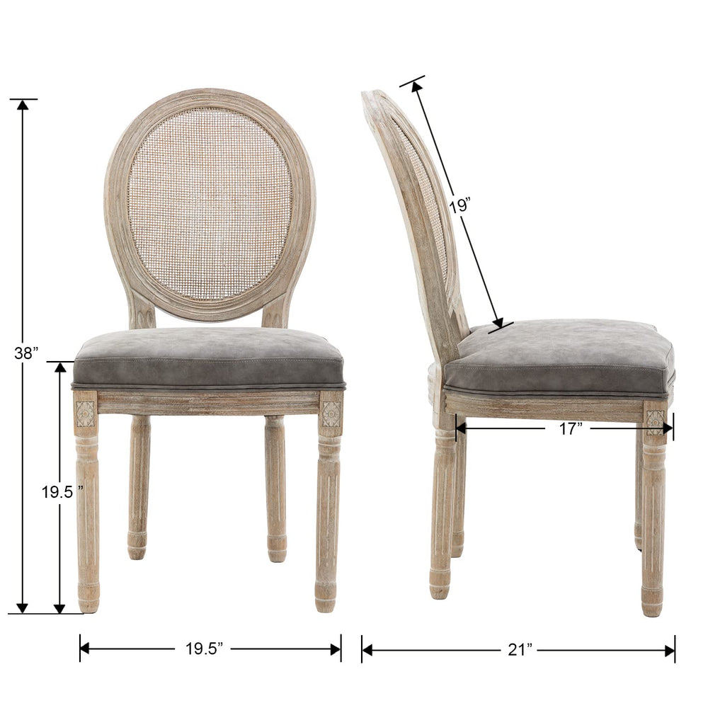 Farmhouse Leather Dining Room Chairs Set of 2 French Dining Chairs with Round Rattan Back French Bistro Chairs