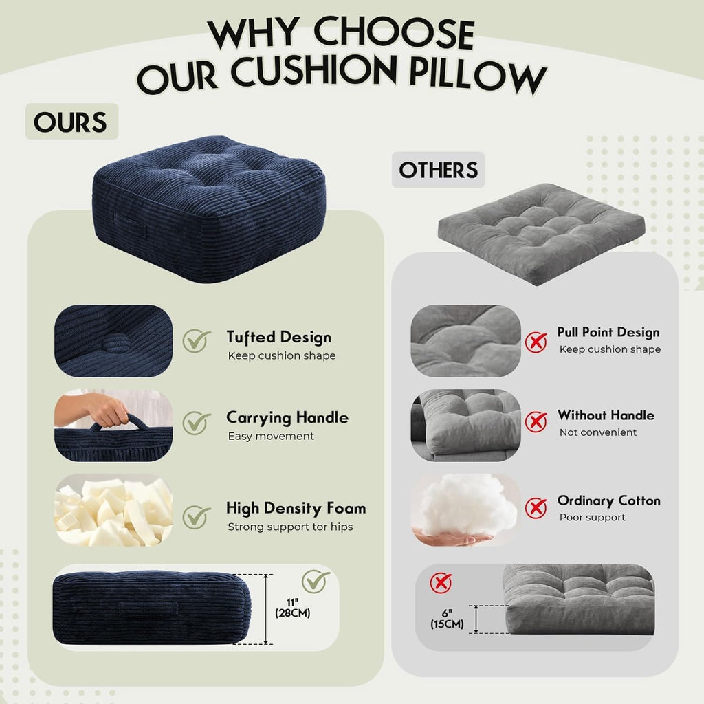 11In Washable Floor Pillow for Adults, Yoga & Meditation Cushion with Handle, Square Large Pillows Seating with
