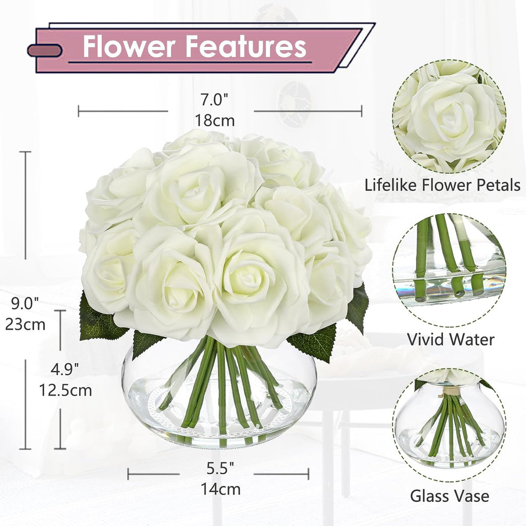 White Roses Artificial Flowers in Vase Silk Fake Rose Bouquet Flowers Floral Arrangements with Glass Vase with Faux