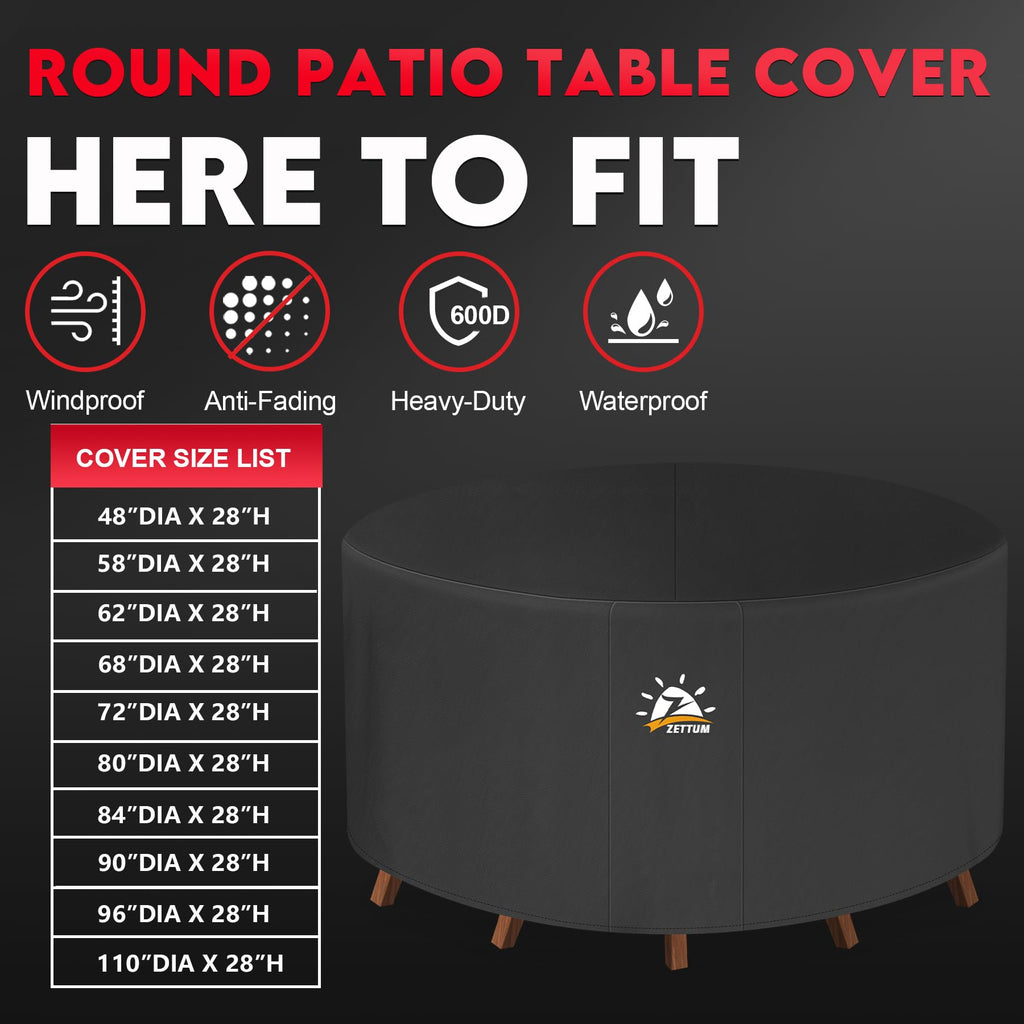 Round Patio Table Cover 90 Inch - 600D Outdoor Furniture Cover Round Waterproof & Heavy Duty, Large Lawn Furniture