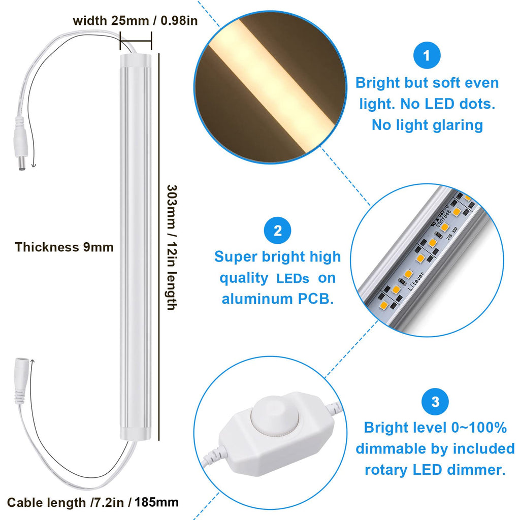 Under Cabinet LED Lighting Kit, Super Bright, 6 PCS 12" Slim Light Bars, 31W 2000 Lumen, Dimmable, Plug or Wired