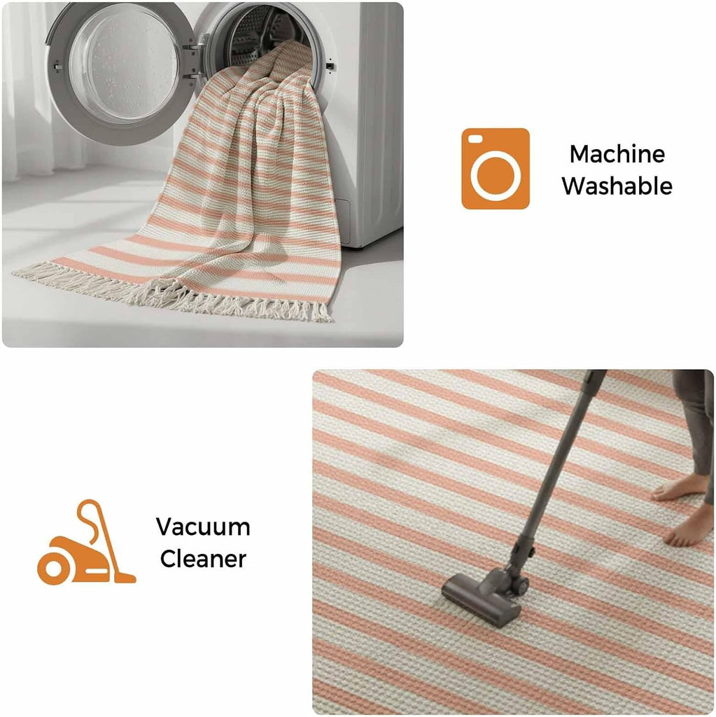 Minimalist Peach Pink Striped Runner Rug with Tassel Modern Art Vertical Line Print Entryway Rugs Washable