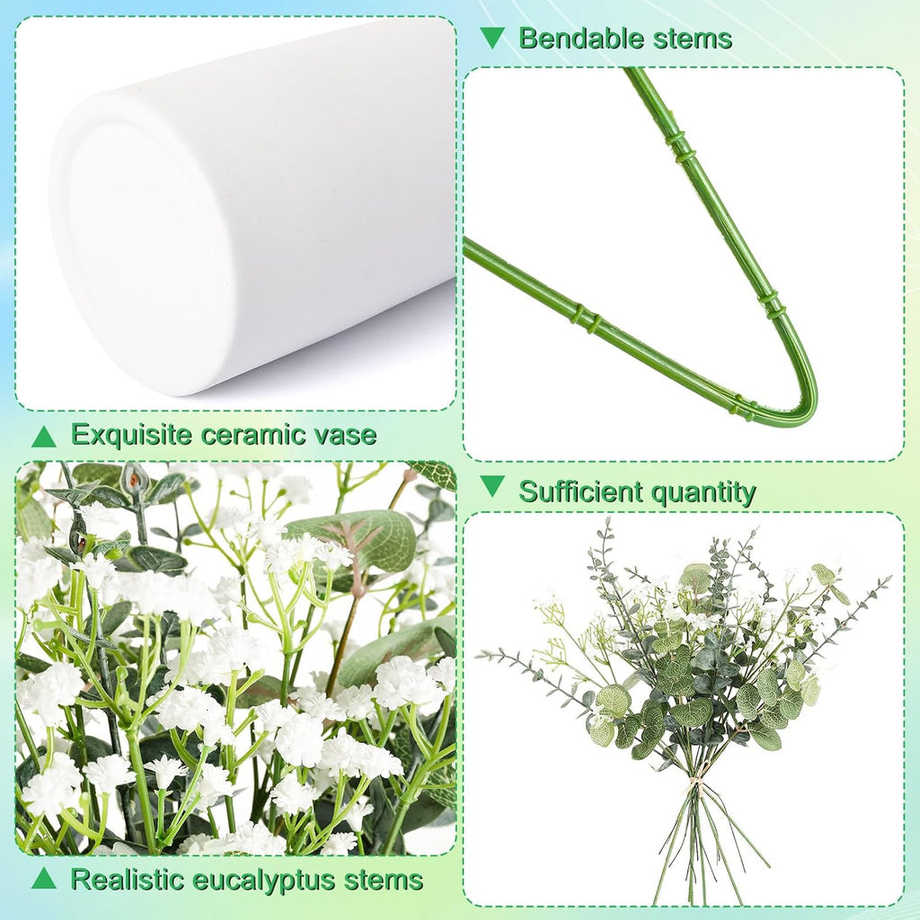 Artificial Flowers in Vase Set, Eucalyptus Stems and Baby's Breath Bundle - Set of 22
