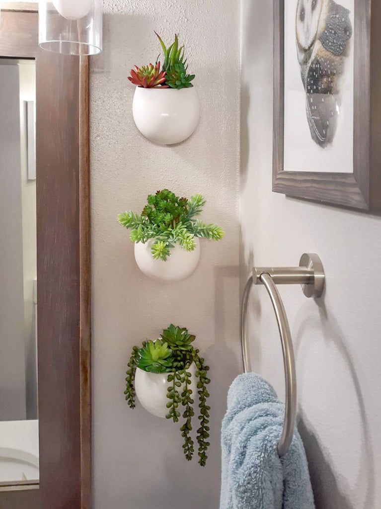 Wall Planter Ceramic Hanging Pot with Artificial Fake Plants, 3 Pack