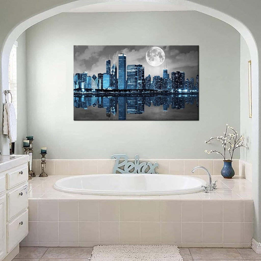 Black White Blue City Wall Art Chicago Pictures Decoration Moon Night Cityscape Skyline Canvas Painting Prints Framed
