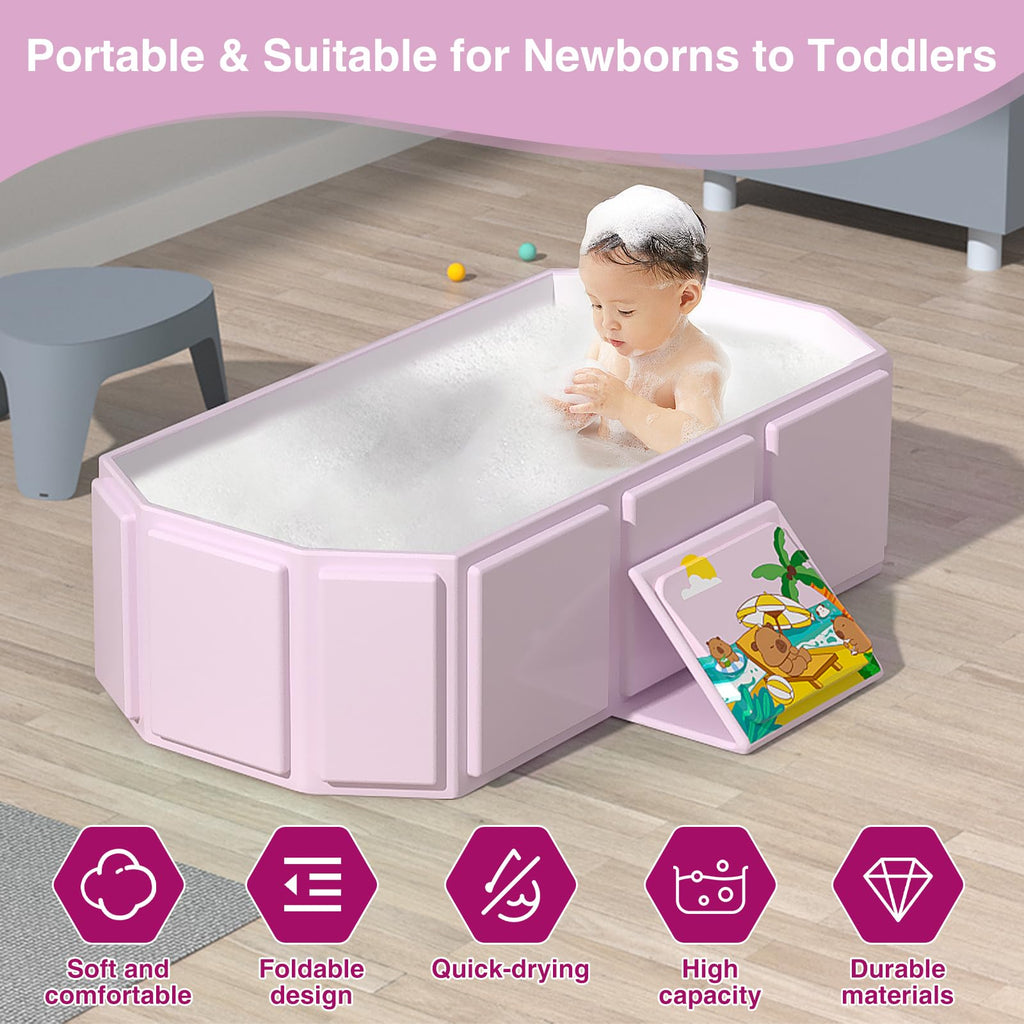 Portable Folding Baby Bath Tub, 29.5L x 17.7W x 9.8H inches, Suitable for 0-6 Years, Pink/Mint Green (Pink)
