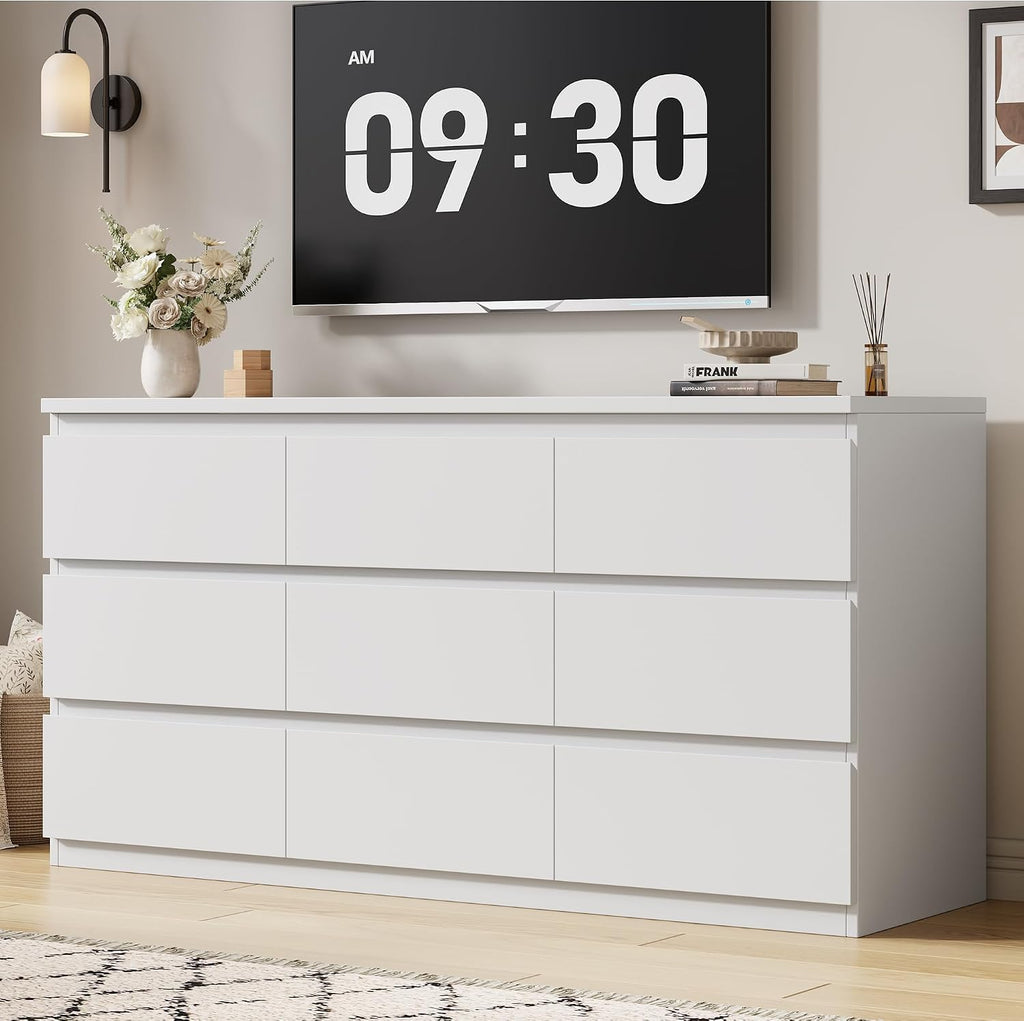 White 9 Drawer Dresser ,Modern Wood Dressers & Chest of Drawers with No-Handle Design, Long Dressers for Closet
