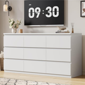 White 9 Drawer Dresser ,Modern Wood Dressers & Chest of Drawers with No-Handle Design, Long Dressers for Closet