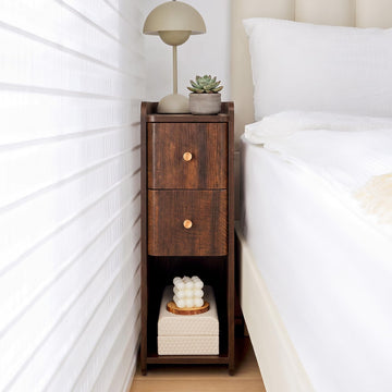 Narrow Nightstand, Wooden 2 Drawer, Cherry Walnut