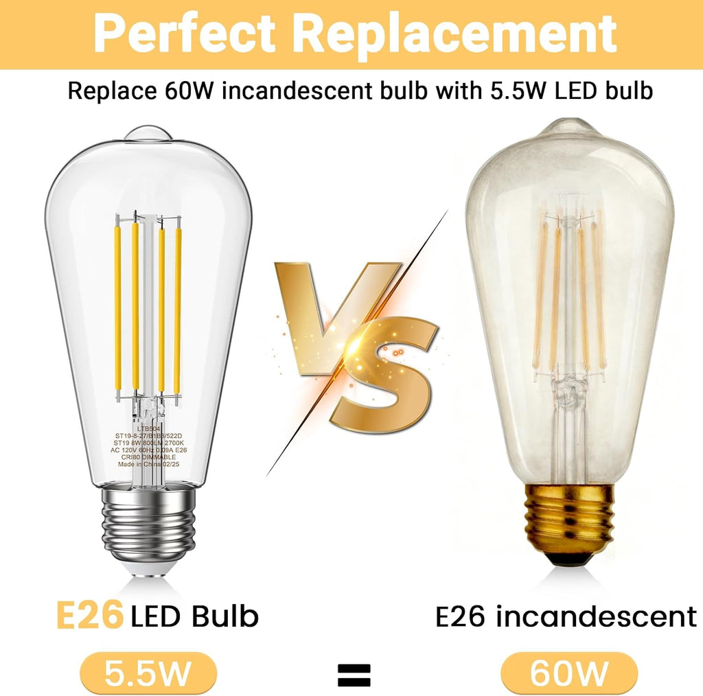 Edison Light Bulbs 5.5W, 60W Equivalent Dimmable Vintage LED Light Bulbs, 500LM E26 Medium Base Soft White 2700K LED