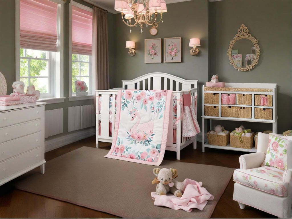 Animals 3pcs Baby Crib Bedding Set (Quilt, Fitted Crib Sheet, Crib Skirt) Pink Nursery Bedding Set for Girls Crib