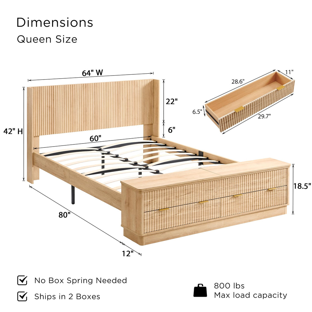 Fluted Queen Bed with Headboard and Storage Bench, Natural Oak