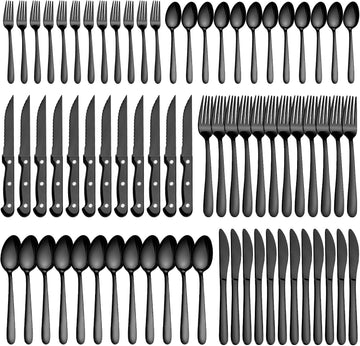 72P Black Silverware Set for 12 - Stainless Steel Flatware Set with Mirror Polish, Black Silverware Set Including