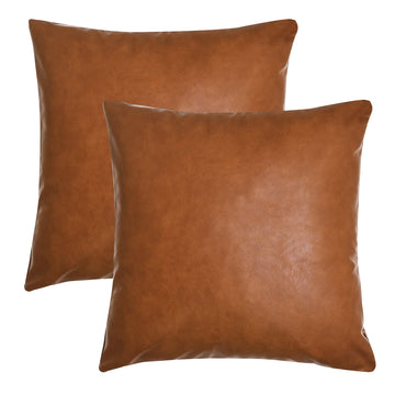 Faux Leather Throw Pillow Covers, 16 x 16 inch Set of 2 Luxury Cognac Brown Modern Pillowcases Solid Decorative