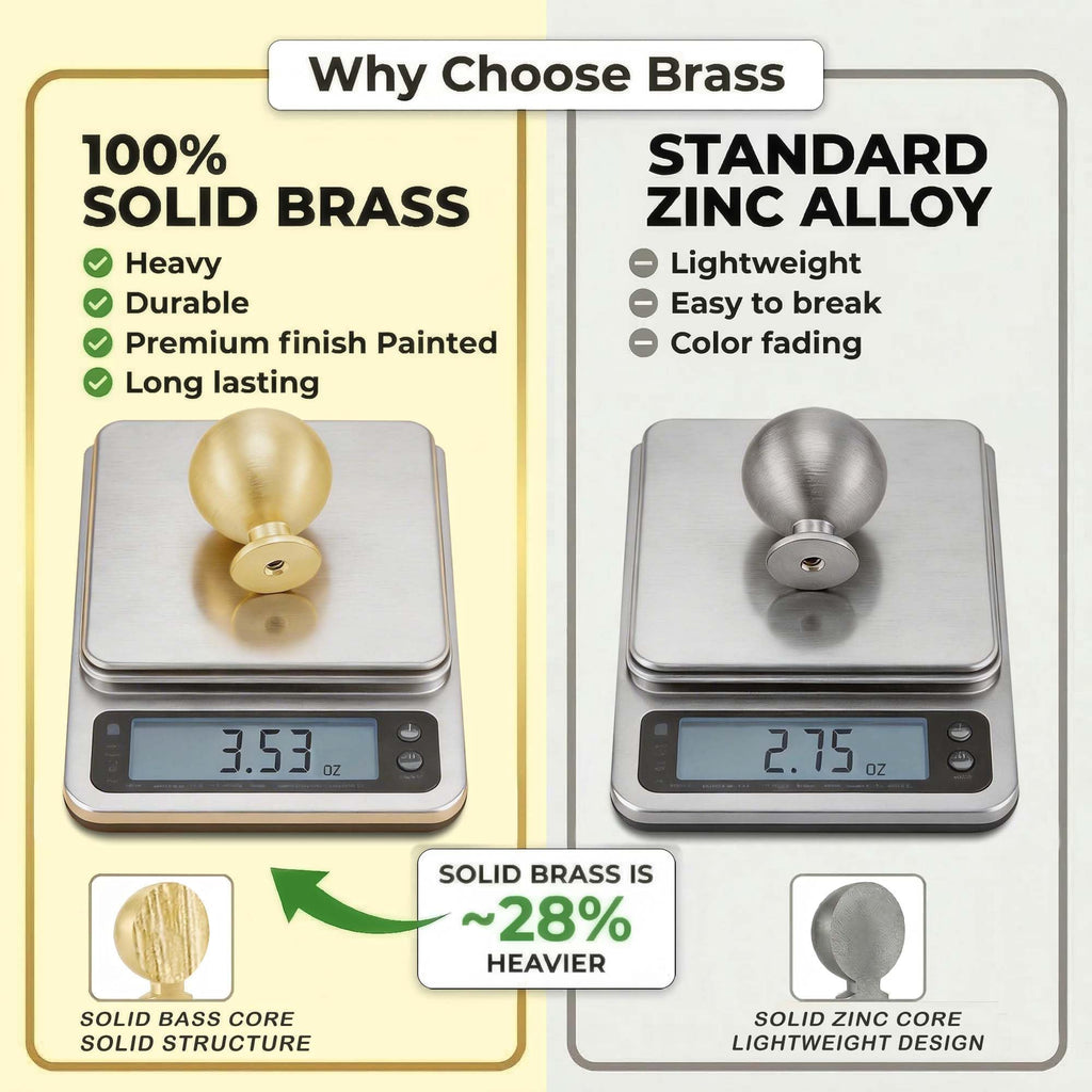 Brushed Brass Cabinet Knobs, Solid Brass Drawer 1-1/8"