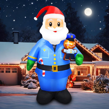 7FT Christmas Decorations Inflatable Policeman Santa Claus Blow Up Blue Uniform Santa with Gingerbread Candy Cane &