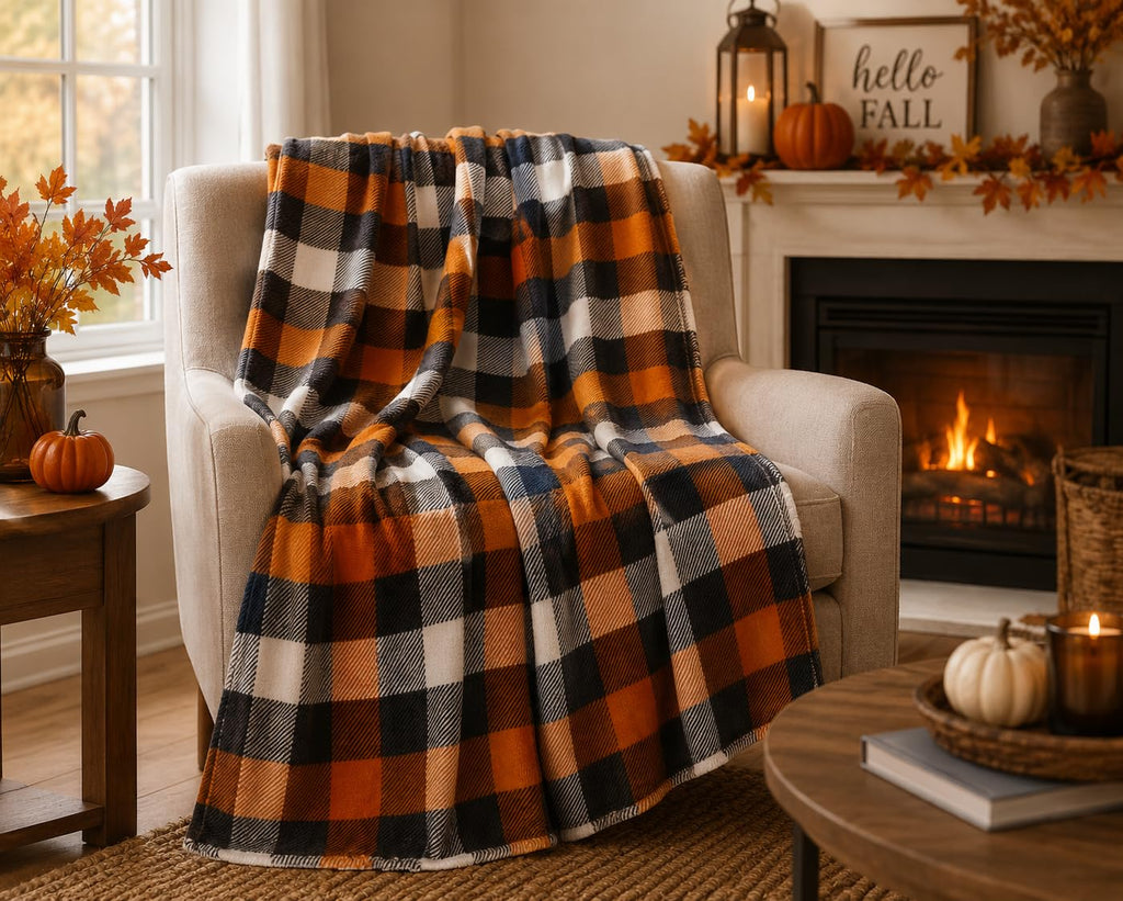 Fall Soft Fleece Throw Blanket, Orange Black White Plaid, 50x70 Oversized