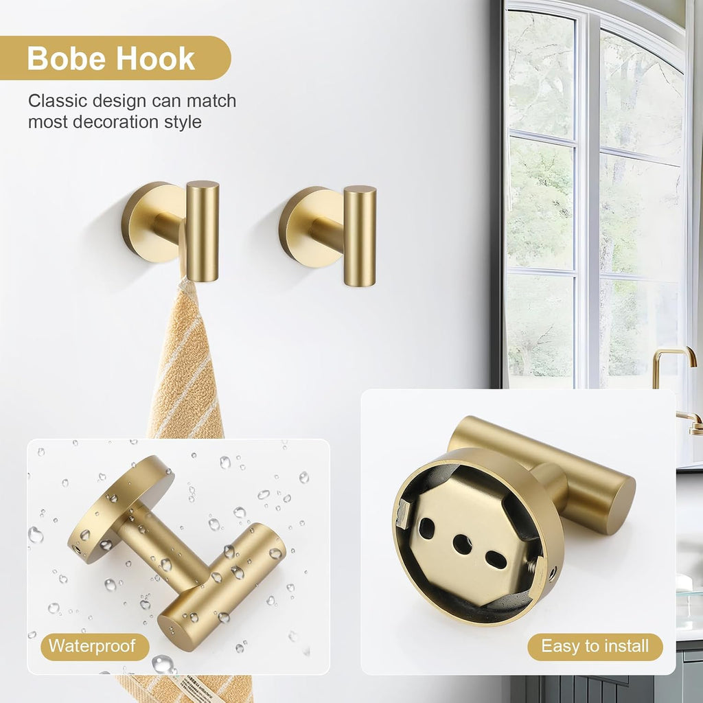 Brushed Gold Bathroom Hardware Set 6-Piece Bathroom Accessory Set 23.6 Inch Round Stainless Steel Towel Bar Set Wall