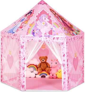 Hexagon Princess Play Tent for Girls, Large Indoor Castle Playhouse with Carrying Bag, Dreamy Reading Nook