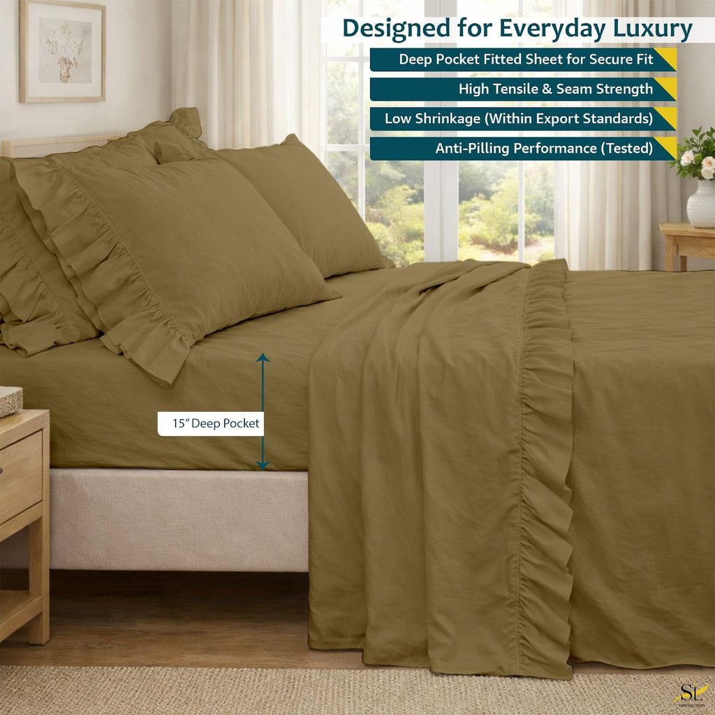 4 Piece Cotton Sheet Set with 6 Inch Ruffle, Soft Breathable Bed Sheets, Smooth Durable Bedding Set