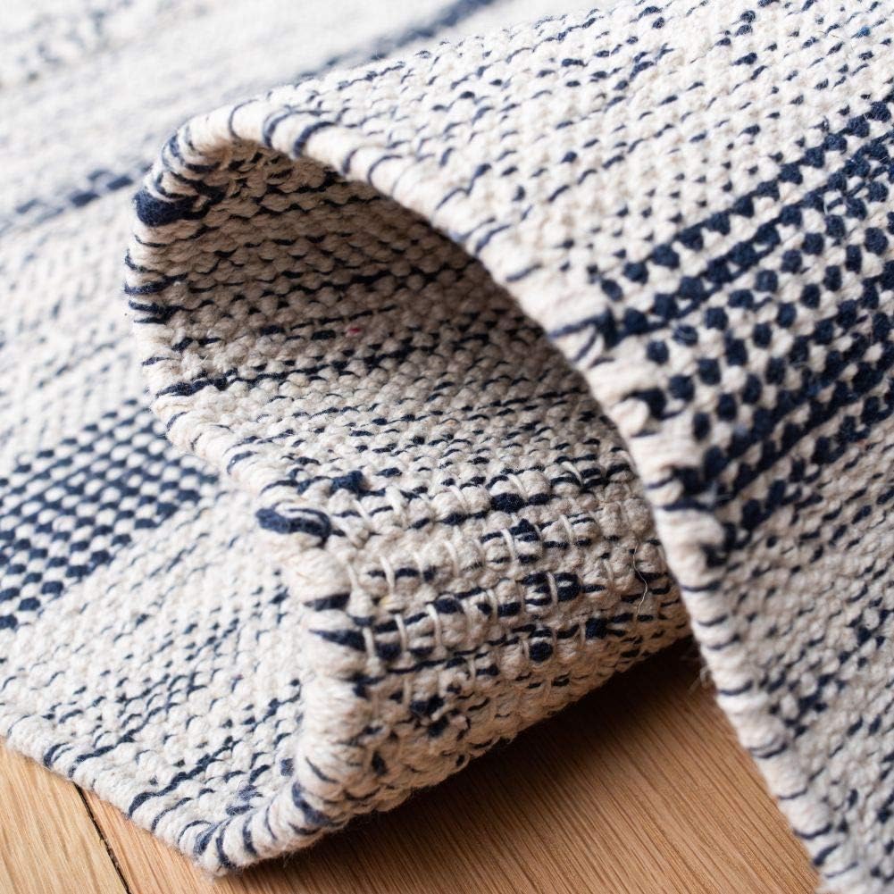 Area Rug - Striped Kilim Collection - Large - Ivory & Navy, Handmade Flat Weave Cotton, Ideal, Dining Space