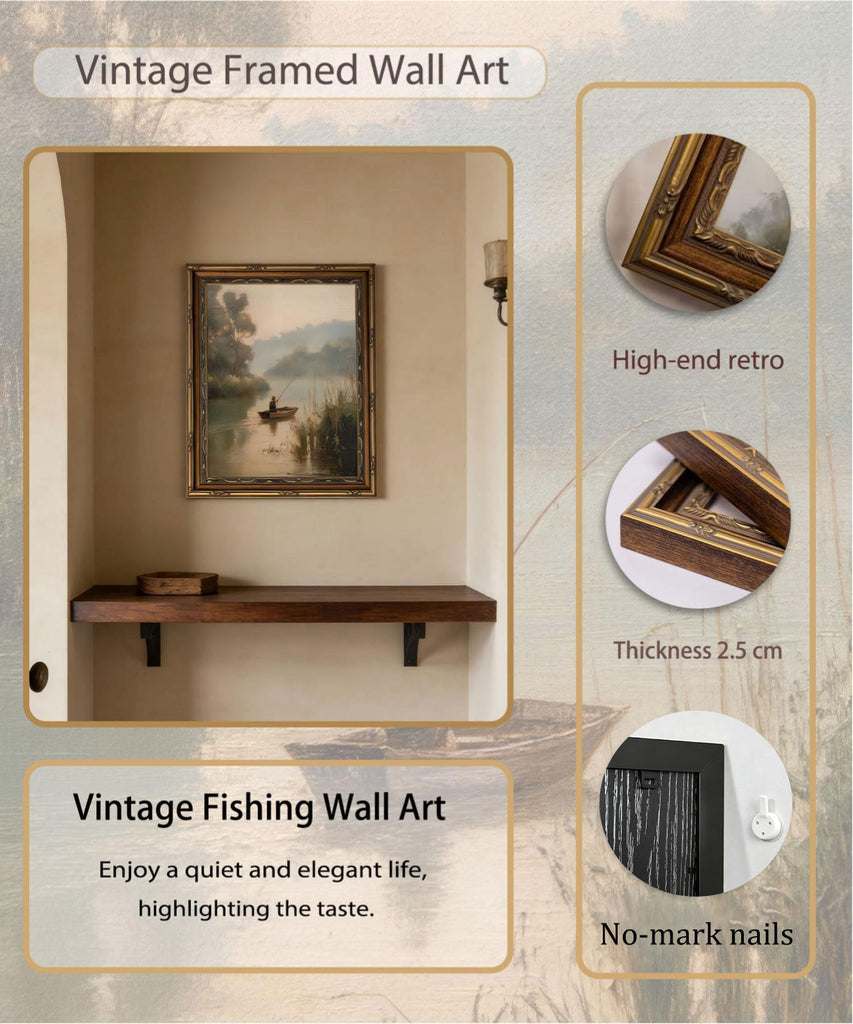 Vintage Gold Framed Wall Art Vintage Fishing Wall Art Country Fisherman Cottagecore River Landscape Wall Decor