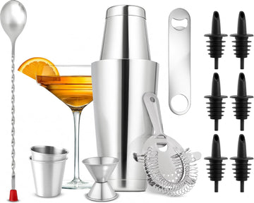 Mixology Bartender Cocktail Shaker Set - Includes 15 & 30 oz Stainless Steel Shakers, 6 Bottle Pourers & More - Set of 15