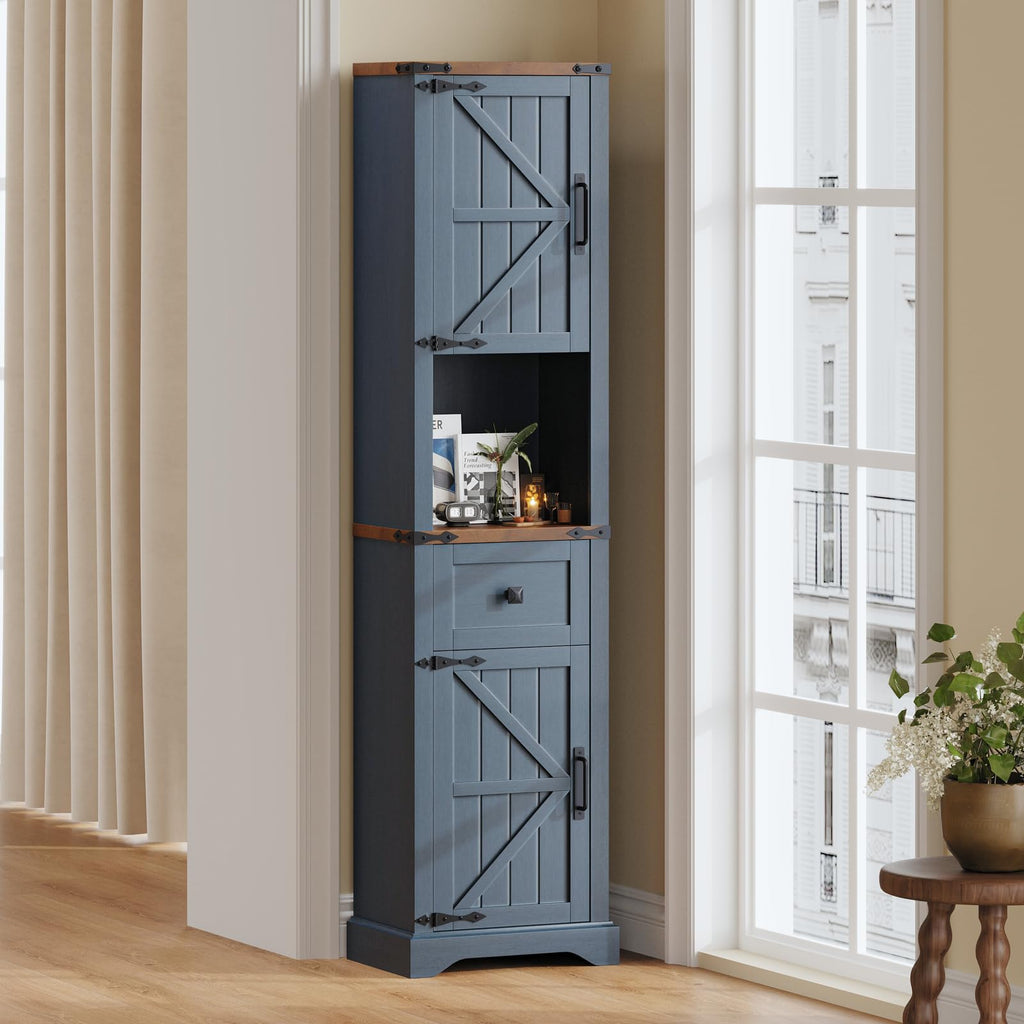 66" Tall Farmhouse Bathroom Storage Cabinet with Barn Doors, Blue