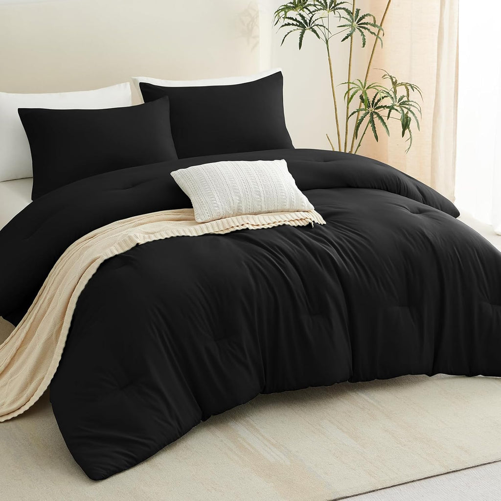 Queen Comforter Set Black, 3 Pieces Solid Comforters Queen Breathable Quilted Bedding Sets