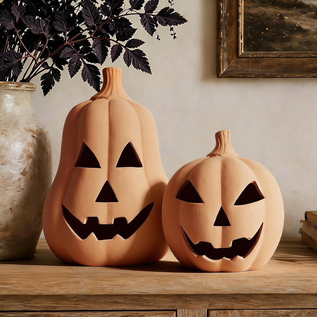 Halloween Decorations Handmade Terracotta Jack O' Lanterns - Set of 2
