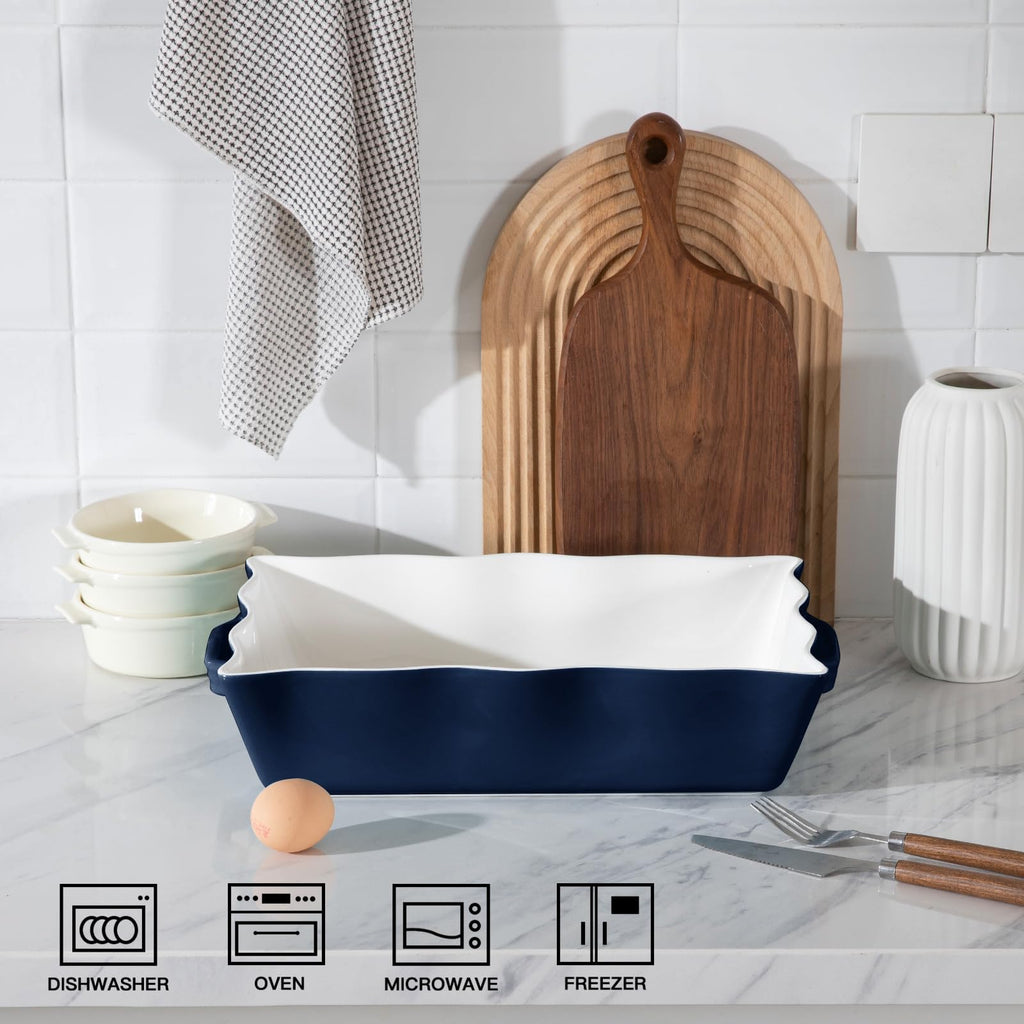Casserole Dishes for Oven, Ceramic Bakeware Set of 3, Rectangular Baking dish with Handles, Wave Edge Lasagna Pan