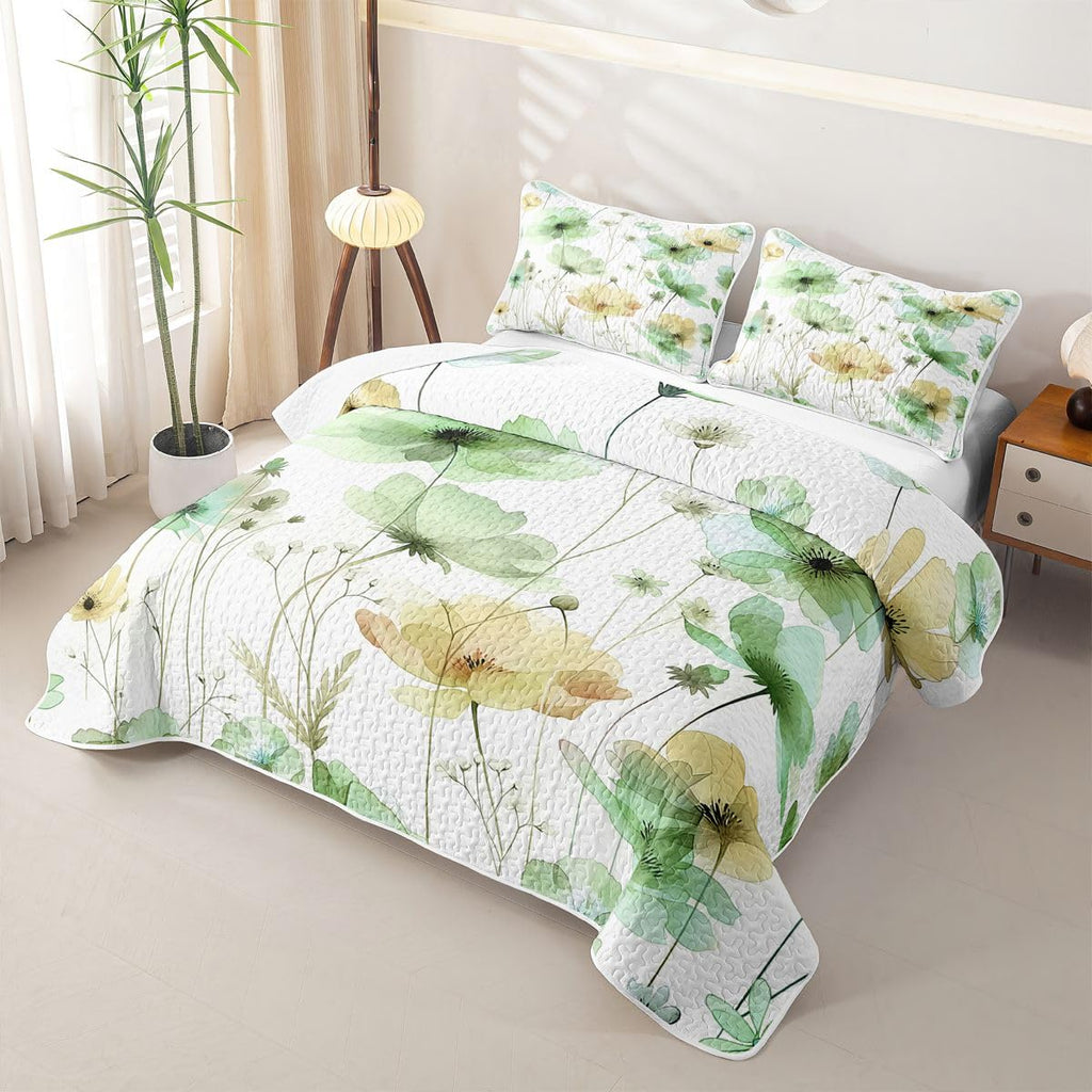 Watercolor Floral Quilted Bedspread Set Sage Flower Coverlet Set Modern Minimalist White Bed Set Farmhouse