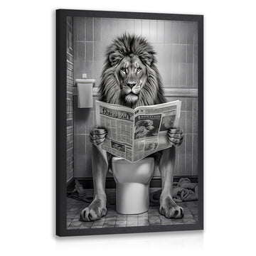 Wood Framed Lion on Toilet Funny Bathroom Wall Art 16x24 in