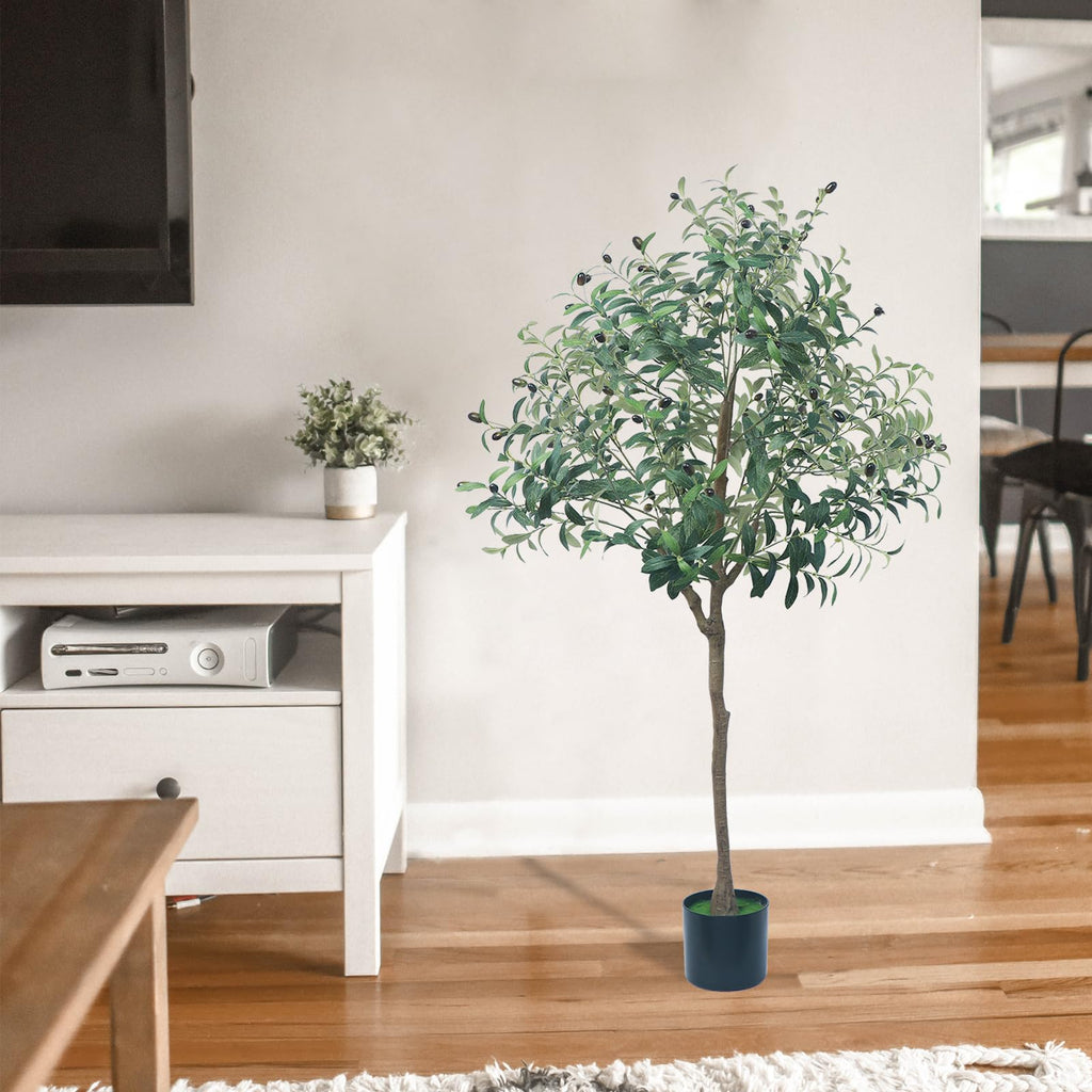 Artificial Olive Tree, 4.9 FT Faux Olive Plant with Black Planter, Large Potted Faux Silk Tree, Realistic Plastic